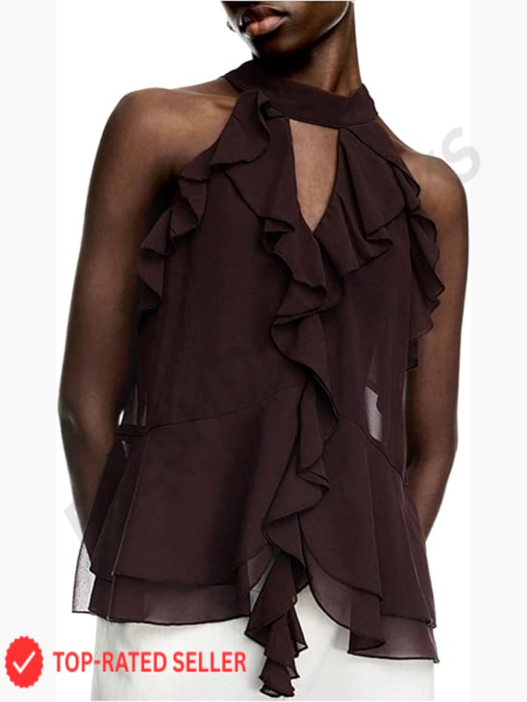 Flowy Halter Neck Ruffle Mesh Tank Top Going Out Cut Out Sleeveless Tie Back